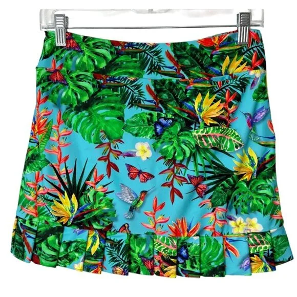 Tzu Tzu Tropical Skort Pleated-Hem Blue Green Butterfly Floral USA Womens Size S - Picture 2 of 5